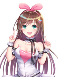 Rule 34 | 1girl, :d, adapted costume, bad id, bad pixiv id, bare shoulders, black ribbon, blush, bow, breasts, brown hair, choker, cleavage, collarbone, commentary request, dress, fingernails, green eyes, hairband, hands up, highres, index finger raised, kizuna ai, kizuna ai (anniversary), kizuna ai inc., long hair, looking at viewer, md5 mismatch, medium breasts, multicolored hair, open mouth, pink bow, pink hair, pink hairband, resolution mismatch, ribbon, ribbon choker, seungju lee, simple background, smile, solo, strapless, strapless dress, streaked hair, striped ribbon, swept bangs, teeth, upper body, upper teeth only, virtual youtuber, white background, white choker, white dress, wrist cuffs