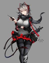 Rule 34 | 1girl, antennae, arknights, arm under breasts, assault rifle, bandaged leg, bandages, bandaid, black gloves, black jacket, black pantyhose, black scarf, black skirt, breasts, commentary request, demon tail, detonator, dog tags, explosive, frilled skirt, frills, gloves, grey background, grey hair, grey shirt, gun, highres, holding, horns, jacket, large breasts, looking at viewer, miniskirt, open clothes, open jacket, orange eyes, pantyhose, pleated skirt, rifle, scarf, shirt, simple background, skirt, smile, solo, standing, strap, tail, true-or-false, w (arknights), weapon, weapon request
