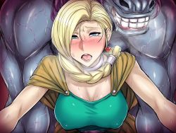 Rule 34 | 1boy, 1girl, bianca (dq5), black beat, blonde hair, blue eyes, blush, braid, breasts, dragon quest, dragon quest v, furry, furry with non-furry, hetero, horse boy, interspecies, jami, jyami, large breasts, long hair, looking at viewer, monster, muscular, muscular male, netorare, no bra, open mouth, single braid