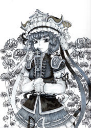 Rule 34 | 1girl, absurdres, arm garter, armor, breasts, buckle, closed mouth, commentary request, cowboy shot, emblem, eyelashes, facing viewer, flower, frilled skirt, frilled sleeves, frills, greyscale, hat, hat ribbon, high collar, highres, holding, hupose deheluo, large breasts, long sleeves, monochrome, nose, pauldrons, ribbon, ribbon-trimmed skirt, ribbon trim, rod of remorse, scales, shiki eiki, shirt, short hair, shoulder armor, skirt, solo, spider lily, standing, touhou, traditional media, vest, weighing scale