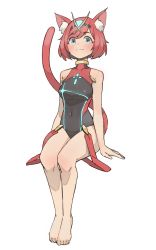 Rule 34 | 1girl, absurdres, animal ears, bare arms, bare shoulders, barefoot, black one-piece swimsuit, blue eyes, breasts, cat, cat ears, cat girl, collarbone, competition swimsuit, covered navel, earrings, feet, feet together, full body, gem, headpiece, highres, jewelry, kiritzugu, looking at viewer, medium breasts, nintendo, one-piece swimsuit, pyra (pro swimmer) (xenoblade), pyra (xenoblade), red eyes, red hair, short hair, simple background, sitting, smile, solo, swept bangs, swimsuit, tiara, toes, white background, xenoblade chronicles (series), xenoblade chronicles 2