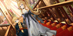 Rule 34 | 2girls, bad id, bad pixiv id, black bow, black dress, black gloves, blonde hair, blue eyes, blush, bow, braid, breasts, cagliostro (granblue fantasy), charlotta (granblue fantasy), closed mouth, commentary request, crown, dress, dutch angle, elbow gloves, eye contact, gloves, granblue fantasy, grey dress, hair bow, hair over shoulder, holding hands, harvin, indoors, juliet sleeves, long hair, long sleeves, looking at another, mini crown, multiple girls, o (rakkasei), ponytail, puffy sleeves, railing, red bow, single braid, small breasts, smile, stairs, strapless, strapless dress, very long hair