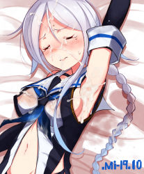 Rule 34 | 1girl, arm up, armpits, bed sheet, black shirt, blue neckerchief, blush, braid, breasts, closed eyes, closed mouth, cum, dated, detached sleeves, facial, facing viewer, frown, highres, kantai collection, kuroten, long hair, lying, medium breasts, mole, mole under eye, neckerchief, nipples, on back, on bed, penis, pulque, sailor collar, see-through, shirt, sideboob, silver hair, single braid, solo, solo focus, suggestive fluid, umikaze (kancolle), upper body, very long hair, wet, wet clothes, white sailor collar
