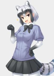 Rule 34 | 10s, 1girl, 2017, :3, :d, animal ears, black hair, black neckwear, black skirt, blue shirt, breasts, brown eyes, clenched hand, common raccoon (kemono friends), dated, fang, fur collar, grey background, grey pantyhose, hair between eyes, hand on own hip, head tilt, kemono friends, looking at viewer, medium breasts, miyai sen, multicolored hair, open mouth, pantyhose, pleated skirt, puffy short sleeves, puffy sleeves, raccoon ears, raccoon tail, shirt, short hair, short sleeves, skirt, smile, solo, sparkle, striped tail, tail, white hair