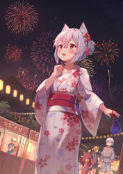 Rule 34 | 1girl, :d, absurdres, animal ears, arm at side, blush, breasts, cat ears, clenched hand, collarbone, eleven-sora, fang, festival, fireworks, floral print, grey hair, hair bun, highres, holding, japanese clothes, kimono, looking up, night, night sky, open mouth, original, people, print kimono, red eyes, short hair, sky, small breasts, smile, solo, standing, yukata