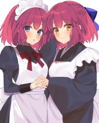 Rule 34 | 2girls, :o, apron, bad id, bad twitter id, black dress, black kimono, blue bow, blue eyes, blush, bow, closed mouth, commentary request, dress, hair between eyes, hair bow, half updo, highres, hisui (tsukihime), holding hands, japanese clothes, juliet sleeves, kimono, kohaku (tsukihime), long sleeves, looking at viewer, maid, maid apron, maid headdress, mixed maids, multiple girls, neck ribbon, puffy sleeves, red hair, red ribbon, ribbon, short hair, siblings, sisters, smile, tsukihime, twins, uxco0, wa maid, white apron, white background, wide sleeves, yellow eyes