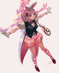 Rule 34 | 1girl, alice in wonderland, alternate costume, animal ear hairband, animal ears, black vest, bow, bowtie, breasts, brown eyes, brown footwear, brown hair, center frills, clock, danganronpa (series), danganronpa 2: goodbye despair, fake animal ears, frills, from above, gloves, hair bow, hair ornament, hairband, highres, large breasts, medium hair, nanami chiaki, outstretched arms, pink shorts, puffy short sleeves, puffy shorts, puffy sleeves, rabbit ear hairband, rabbit ears, red bow, rei (tdn ng), shirt, short sleeves, shorts, signature, smile, socks, solo, striped clothes, striped legwear, striped socks, tailcoat, vest, white background, white gloves, white shirt