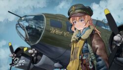Rule 34 | artist name, b-17 flying fortress, blurry, brown hair, brown jacket, charlotte e. yeager, cloud, cloudy sky, dated, depth of field, fur-trimmed jacket, fur trim, highres, jacket, masters of the air, military, purple eyes, qian, sky, smile, strike witches, strike witches: aurora no majo, strike witches: suomus misfits squadron, united states air force, world war ii, world witches series
