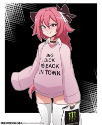 Rule 34 | 1boy, artist name, astolfo (fate), astolfo monster cosplay (meme), bag, black bow, black choker, blush, border, bow, choker, clothes writing, collared shirt, commentary, dankodeadzone, english commentary, english text, fate (series), hair between eyes, hair bow, hair intakes, hair ribbon, highres, holding, holding bag, layered clothes, long hair, long sleeves, looking at viewer, male focus, meme, meme attire, monster energy, multicolored hair, naughty face, outline, outside border, patreon logo, patreon username, pink eyes, pink hair, pink shirt, product placement, ribbon, shirt, shopping bag, sleeves past fingers, sleeves past wrists, smile, solo, split mouth, standing, streaked hair, thighhighs, tongue, tongue out, trap, underwear, very long hair, watermark, web address, white border, white shirt, white thighhighs