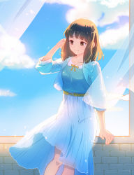 Rule 34 | 1girl, bad id, bad pixiv id, blue dress, blue sky, brown eyes, brown hair, curtains, day, dress, hand up, looking at viewer, medium hair, natural wind, original, sky, solo, standing, window