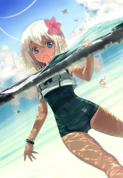 Rule 34 | 10s, 6+girls, ahoge, aircraft, airplane, armpits, bad perspective, blue eyes, caustics, character request, day, diving mask, falling, flower, goggles, hair flower, hair ornament, highres, i-168 (kancolle), i-19 (kancolle), i-401 (kancolle), i-58 (kancolle), kantai collection, long hair, maru-yu (kancolle), meme, multiple girls, one-piece swimsuit, open mouth, ro-500 (kancolle), school swimsuit, sumaki shungo, swimsuit, tan, tanline, torpedo, underwater, water, white hair, yamcha pose (meme)