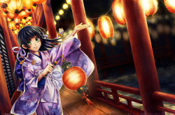 Rule 34 | 1girl, bad id, bad pixiv id, black hair, green eyes, highres, holding, japanese clothes, kimono, lantern, long hair, looking at viewer, makina (frog), original, outstretched arm, revision, smile, solo