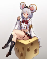 Rule 34 | 1girl, animal ears, black socks, blush, bob cut, brooch, cheese, crop top, crossed legs, food, frilled skirt, frills, granblue fantasy, hair ornament, hair ribbon, hairclip, heart, heart brooch, highres, houtengeki, jewelry, kneehighs, loafers, long sleeves, looking at viewer, mouse ears, navel, open mouth, red eyes, ribbon, shoes, short hair, silver hair, simple background, sitting, skirt, socks, solo, thigh strap, vikala (granblue fantasy), white background, white skirt, wide sleeves