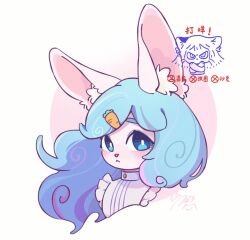 Rule 34 | 1girl, :&lt;, animal ears, blue eyes, blue hair, carrot hair ornament, cropped torso, food-themed hair ornament, furry, furry female, hair ornament, hua hua de meme, long hair, looking at viewer, looking to the side, original, rabbit ears, rabbit girl, signature, solo, upper body, watermark, white background