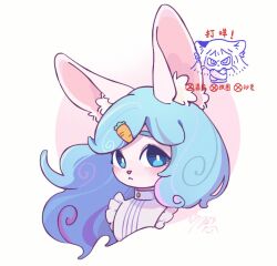 1girl :&lt; animal_ears blue_eyes blue_hair carrot_hair_ornament cropped_torso food-themed_hair_ornament furry furry_female hair_ornament hua_hua_de_meme long_hair looking_at_viewer looking_to_the_side original rabbit_ears rabbit_girl signature solo upper_body watermark white_background