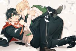 Rule 34 | 2020, 2boys, black footwear, black hair, blonde hair, blue eyes, collar, draco malfoy, face-to-face, feathers, glasses, green eyes, green necktie, hand on another&#039;s head, harry potter, harry potter (series), highres, hogwarts school uniform, holding, holding clothes, hood, leg up, lying, male focus, multiple boys, navel, necktie, open mouth, pixiv id 2478672, profile, red necktie, robe, round eyewear, scar, scar on face, scar on forehead, school uniform, shoes, short hair, signature, stomach, striped necktie, striped neckwear, teeth, tongue, uniform, white feathers, wing collar, wizarding world, yaoi