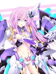 Rule 34 | 1girl, blue eyes, breasts, cleavage, cleavage cutout, clothing cutout, commentary request, elbow gloves, gloves, holding, holding weapon, joney, long hair, looking at viewer, mecha musume, medium breasts, midriff, navel, neptune (series), pink hair, power symbol, power symbol-shaped pupils, pubic tattoo, purple sister, purple sister v, solo, symbol-shaped pupils, tattoo, thighhighs, weapon