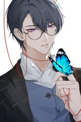 Rule 34 | 1boy, absurdres, black-framed eyewear, black hair, black jacket, blue butterfly, blue vest, bug, butterfly, butterfly on hand, buttons, chinese commentary, collared shirt, commentary request, crossed bangs, ear piercing, fujik0, glasses, hair between eyes, hand up, highres, insect, jacket, looking away, male focus, marius von hagen (tears of themis), open clothes, open jacket, parted bangs, parted lips, piercing, purple eyes, round eyewear, shirt, short hair, solo, string, string around finger, string of fate, tears of themis, upper body, vest, white shirt