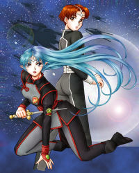Rule 34 | 1boy, 1girl, all fours, blue hair, earrings, floating hair, full body, headband, holding, holding sword, holding weapon, jewelry, jinto, lafiel, lens flare, light rays, lips, long hair, parted lips, pointy ears, red hair, seikai no senki, spacecraft, sun, sword, very long hair, weapon, xietong win