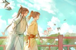 Rule 34 | 2boys, arms behind back, bird, blue sky, blush, braid, brown hair, bud, chinese clothes, clenched hands, closed mouth, cloud, day, facial mark, feet out of frame, fence, flower, forehead mark, from side, hair ribbon, hanfu, headband, high ponytail, jin ling, kkcoocool, lan sizhui, long hair, long sleeves, looking ahead, looking at another, modao zushi, multiple boys, nose blush, open mouth, red ribbon, ribbon, robe, rose, side braid, sidelocks, sky, tassel, walking, white flower, white headband, white rose, wide sleeves, wooden fence, xiao guan (headdress), yellow robe