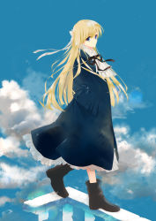 Rule 34 | 1girl, black footwear, black ribbon, blonde hair, blue coat, blue eyes, blue sky, boots, bow, closed mouth, cloud, coat, commentary request, day, hair between eyes, hair bow, hand in pocket, long hair, long sleeves, nagata ozu, original, outdoors, ribbon, ripples, sky, solo, very long hair, walking, water, white bow