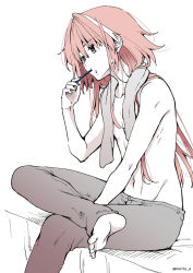 Rule 34 | 1boy, asazuki norito, astolfo (fate), barefoot, brushing teeth, commentary request, crossed legs, fate/grand order, fate (series), long hair, male focus, navel, pants, pink hair, solo, spot color, toothbrush, topless male, towel, towel around neck, twitter username