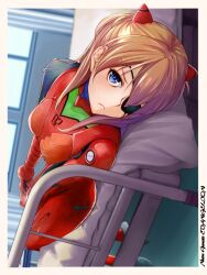 Rule 34 | 1girl, :&lt;, blue eyes, bodysuit, border, breasts, chuutaro metal, closed mouth, copyright name, evangelion: 3.0 you can (not) redo, eyepatch, frown, interface headset, long hair, looking at viewer, lying, medium breasts, neon genesis evangelion, on back, orange hair, plugsuit, rebuild of evangelion, red bodysuit, solo, souryuu asuka langley, white border, wide hips