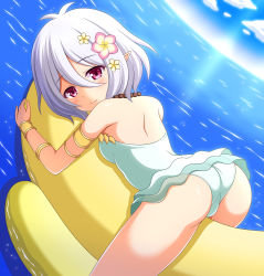 Rule 34 | 1girl, antenna hair, ass, bare shoulders, blue sky, blush, breasts, casual one-piece swimsuit, closed mouth, cloud, commentary request, day, dutch angle, flower, green one-piece swimsuit, hair between eyes, hair flower, hair ornament, horizon, inflatable toy, kokkoro (princess connect!), kokkoro (summer) (princess connect!), looking at viewer, looking to the side, lying, nagana sayui, on stomach, one-piece swimsuit, outdoors, pink flower, pointy ears, princess connect!, purple eyes, revision, sky, small breasts, smile, solo, split mouth, sunlight, swimsuit, water, white flower, white hair