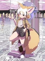 Rule 34 | 1girl, :3, absurdres, alternate costume, animal ear fluff, animal ears, bag, bare legs, belt, black hair, blonde hair, brown eyes, casual, closed mouth, coat, contemporary, extra ears, fennec (kemono friends), fox ears, fox girl, fox tail, full body, hand up, highres, iwa (iwafish), jewelry, kemono friends, medium hair, multicolored hair, open clothes, open coat, pendant, shirt, shoes, shorts, shoulder bag, silhouette, solo focus, standing, standing on one leg, striped clothes, striped shirt, tail, waiting, watch, white hair, wristwatch