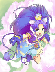 Rule 34 | 10s, 1girl, :d, animal ears, blue bow, blue eyes, blue footwear, blue gloves, blue hair, blue shirt, blue skirt, blue thighhighs, bow, clenched hand, crown, cure gelato, earrings, extra ears, full body, gloves, jewelry, kirakira precure a la mode, koyashi24, layered skirt, lion ears, lion tail, long hair, looking at viewer, magical girl, mini crown, open mouth, outstretched hand, precure, shirt, shoes, single thighhigh, skirt, smile, solo, tail, tategami aoi, thighhighs, white skirt