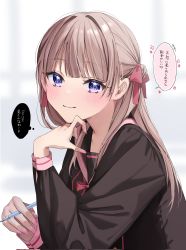 Rule 34 | 1girl, blurry, blurry background, blush, brown hair, chigusa minori, closed mouth, collarbone, commentary request, corrupted twitter file, half updo, hand on own chin, highres, holding, holding pencil, long hair, long sleeves, looking at viewer, mechanical pencil, original, pencil, purple eyes, school uniform, serafuku, smile, solo, translation request