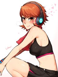 Rule 34 | 1girl, armpits, artist name, bare arms, bare shoulders, black shorts, blush, breasts, closed mouth, commentary request, from side, headphones, highres, ichigai (hayawossan), looking at viewer, looking to the side, medium breasts, persona, persona 3, persona 3: dancing moon night, persona dancing, red eyes, red hair, short hair, shorts, sideboob, smile, solo, sports bra, squatting, sweat, sweatband, takeba yukari, towel, towel around neck, wet