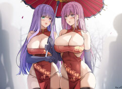 Rule 34 | 2girls, :d, bare shoulders, blush, breasts, china dress, chinese clothes, commentary, covered navel, dragon print, dress, elbow gloves, english commentary, gloves, green eyes, heterochromia, highres, holding, holding umbrella, keenh, large breasts, long hair, looking at another, multiple girls, open mouth, original, panties, pelvic curtain, purple eyes, purple gloves, purple hair, red dress, smile, umbrella, underwear