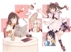 5girls animal_ears apron armband black_hair black_necktie black_ribbon black_skirt black_socks blonde_hair brown_hair bunbunmaru cake camera chair checkered_clothes checkered_skirt closed_eyes collared_shirt commentary_request cup drinking_glass drinking_straw food fork fox_ears geta hair_ribbon hat head_rest highres himekaidou_hatate iizunamaru_megumu inubashiri_momiji kneehighs kudamaki_tsukasa long_hair medium_hair mozukuzu_(manukedori) multiple_girls neck_ribbon necktie newspaper open_mouth parfait pink_shirt pointy_ears puffy_short_sleeves puffy_sleeves purple_eyes purple_hat purple_ribbon purple_skirt red_eyes red_hat ribbon shameimaru_aya shirt short_hair short_sleeves skirt socks table teacup tengu-geta tokin_hat touhou tray tripping twintails white_apron white_hair white_shirt