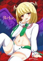 Rule 34 | 1boy, angel, angel wings, bead necklace, beads, beatmania, beatmania iidx, blonde hair, blush, body writing, character name, demon boy, demon horns, feathered wings, gradient wings, green necktie, green ribbon, halo, highres, horns, jewelry, long sleeves, looking at viewer, male focus, mars symbol, marumaru uhuhu, medium hair, midriff, multicolored wings, navel, necklace, necktie, open mouth, purple wings, rche (beatmania), red eyes, ribbon, shorts, sitting, smile, star (symbol), star halo, thighhighs, trap, white shorts, white thighhighs, wings