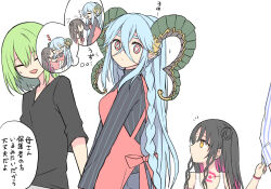 Rule 34 | 1boy, 1other, 2girls, apron, babydoll, black hair, black shirt, blue hair, blue shirt, breasts, bright pupils, carrying, carrying person, chest tattoo, child, closed mouth, clothes grab, commentary, crossed bangs, curled horns, enkidu (fate), facing viewer, fate/grand order, fate (series), flat color, forehead tattoo, green hair, green horns, hair between eyes, hair bun, hans christian andersen (adult) (fate), hans christian andersen (fate), headpat, heart, horns, kingu (fate), long hair, long horns, long sleeves, looking at another, looking at viewer, looking up, medium breasts, medium hair, multicolored hair, multiple girls, notice lines, one-piece swimsuit, open mouth, out of frame, parted bangs, pink babydoll, pink bracelet, pink hair, pointy ears, princess carry, profile, red apron, red eyes, sessyoin kiara, sessyoin kiara (lily), shirt, sidelocks, simple background, sleeve grab, sleeves past elbows, smile, speech bubble, streaked hair, striped clothes, striped shirt, sweatdrop, swimsuit, symbol-shaped pupils, tattoo, thought bubble, tiamat (fate), translation request, turtleneck, turtleneck shirt, two-tone shirt, vertical-striped clothes, vertical-striped shirt, very long hair, white background, white one-piece swimsuit, white pupils, white shirt, x-shaped pupils, yellow eyes, yoyo 9ea