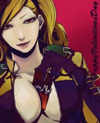 Rule 34 | 1girl, between breasts, blonde hair, bodysuit, breasts, brown eyes, chocolate, cleavage, hairband, large breasts, lien neville, red eyes, snk, solo, the king of fighters, valentine, zipper