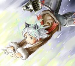 Rule 34 | 1girl, animal ears, ass, coat, green eyes, munmun, open mouth, outstretched arms, pantyhose, reaching, rocket launcher, sanya v. litvyak, scarf, short hair, silver hair, solo, strike witches, striker unit, tail, weapon, world witches series