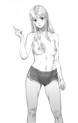 Rule 34 | 1girl, absurdres, bad id, bad twitter id, breasts, cigarette, dugnul, feet out of frame, grey eyes, greyscale, highres, long hair, looking at viewer, medium breasts, monochrome, navel, nipples, original, parted lips, shorts, simple background, solo, topless, white background