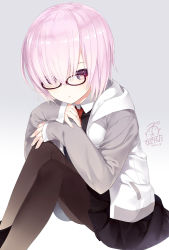 Rule 34 | 1girl, 2017, artist name, black pantyhose, capriccio, dated, fate/grand order, fate (series), from side, glasses, grey background, hair over one eye, hibanar, jacket, looking at viewer, mash kyrielight, necktie, pantyhose, purple eyes, purple hair, red necktie, short hair, signature, simple background, skirt, solo