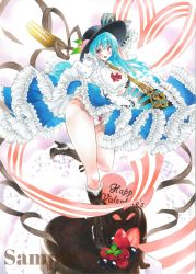 Rule 34 | 1girl, arim0k0, black footwear, blue hair, blueberry, boots, candy, chocolate, chocolate heart, cross-laced footwear, food, fork, frills, fruit, full body, heart, high heel boots, high heels, highres, hinanawi tenshi, long hair, looking at viewer, panties, pantyshot, red eyes, sample watermark, solo, standing, standing on one leg, strawberry, thighs, too many, too many frills, touhou, traditional media, underwear, valentine, watermark, white panties