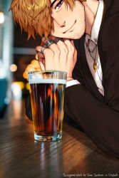 Rule 34 | 1boy, artist name, beer glass, black suit, blouse, blurry, blurry background, brown hair, collared shirt, cup, depth of field, drinking glass, elbows on table, facial hair, formal, getgyu, hair over one eye, howard a. taylor, indoors, jewelry, jonas jacobsson, looking at viewer, male focus, messy hair, original, own hands together, photo background, purple eyes, ring, shirt, short hair, smile, solo, stubble, suit, thick eyebrows, white shirt