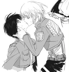 2boys armin_arlert black_hair blush cropped_jacket eren_yeager greyscale hair_between_eyes hand_in_another&#039;s_hair highres kiss kiyoshi_st long_sleeves male_focus monochrome multiple_boys parted_bangs shingeki_no_kyojin shirt short_hair sketch sweatdrop three-dimensional_maneuver_gear upper_body white_background white_shirt yaoi