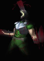Rule 34 | 1boy, absurdres, armor, belt, black background, blood, blood on clothes, blood spray, bloody weapon, breastplate, chainsaw man, cosplay, dankwoll, dark background, denji (chainsaw man), doom (series), doomguy, doomguy (cosplay), green pants, green shirt, highres, open mouth, pants, sharp teeth, shirt, simple background, solo, teeth, utility belt, weapon