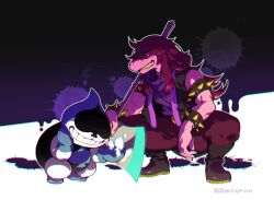 Rule 34 | 1boy, 1girl, armlet, artist name, axe, black footwear, black jacket, blue gloves, boots, bracelet, colored skin, commentary request, delinquent, deltarune, elbow on knee, freckles, from side, furry, furry female, gloves, gradient background, grin, hair between eyes, holding, holding axe, jacket, jewelry, knee boots, ko-on (ningen zoo), lancer (deltarune), long hair, looking at viewer, messy hair, no eyes, outline, pants, pink skin, purple background, purple eyes, purple hair, red pants, reptile girl, sharp teeth, simple background, sleeveless, sleeveless jacket, smile, snout, spade (shape), spiked armlet, spiked bracelet, spikes, splatter, squatting, susie (deltarune), teeth, twitter username, two-tone background, white background, white outline