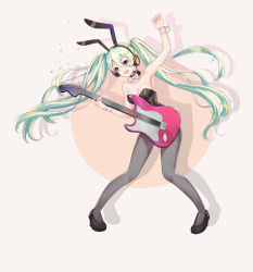 Rule 34 | 1girl, :o, animal ears, aqua hair, arm up, bare shoulders, black choker, black footwear, bow, breasts, choker, cleavage, fake animal ears, full body, guitar, hatsune miku, headphones, headset, instrument, long hair, medium breasts, music, obli, pantyhose, playboy bunny, playing instrument, red eyes, solo, standing, star (symbol), twintails, very long hair, vocaloid, white bow, wrist cuffs