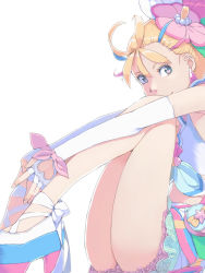 Rule 34 | 1girl, akinbo (hyouka fuyou), blonde hair, brown eyes, closed mouth, clothing cutout, crop top, cure summer, earrings, fingerless gloves, flower, from side, gloves, hair flower, hair ornament, heart cutout, hugging own legs, jewelry, looking at viewer, miniskirt, pink flower, pink skirt, precure, simple background, sitting, skirt, smile, solo, stomach, tropical-rouge! precure, white background, white gloves