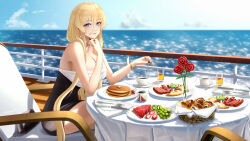 Rule 34 | 1girl, azur lane, bacon, basket, bismarck (azur lane), blonde hair, blue eyes, bread, breasts, chair, cleavage, cup, day, disposable cup, drinking glass, flower, folded napkin, food, fork, fruit, hair between eyes, head rest, highres, knife, large breasts, long hair, looking at viewer, napkin, necomilk, ocean, pancake, pancake stack, pastry, plate, red flower, red rose, rose, sausage, sitting, table, teacup, watermelon, watermelon slice