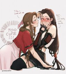 Rule 34 | 2girls, absurdres, aerith gainsborough, arm guards, black hair, black skirt, blush, braid, braided ponytail, brown hair, dreamsyndd, dress, english text, final fantasy, final fantasy vii, final fantasy vii remake, hands on another&#039;s face, highres, jacket, leaning on person, long hair, looking at another, low-tied long hair, multiple girls, nervous, pink dress, red jacket, simple background, skirt, tank top, thighhighs, tifa lockhart, yuri