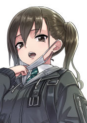 Rule 34 | 1girl, brown eyes, brown hair, collared shirt, commentary request, diagonal-striped neckwear, green necktie, grey jacket, hair between eyes, hand up, highres, idolmaster, idolmaster cinderella girls, jacket, jd (bibirijd), long hair, long sleeves, looking at viewer, mask, mask pull, mole, mole under eye, mouth mask, necktie, open mouth, pulling own clothes, sharp teeth, shirt, simple background, solo, striped necktie, striped neckwear, sunazuka akira, surgical mask, teeth, twintails, upper body, white background, white shirt